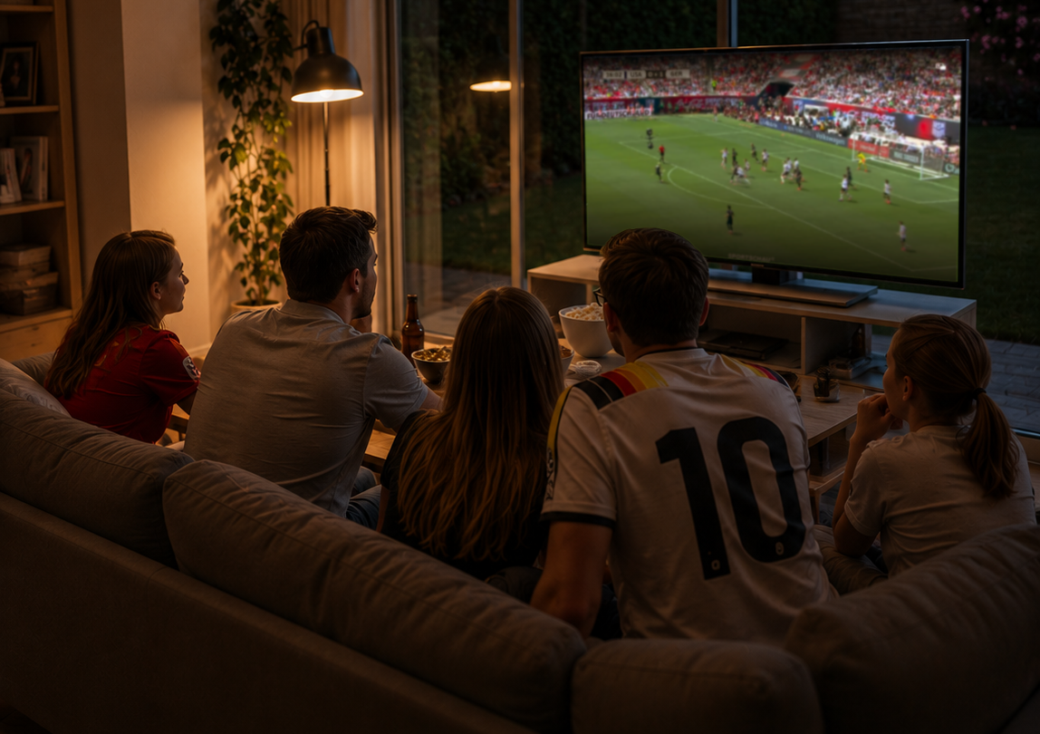 Familie vor dem Fernsehen bei einem WM Spiel 
